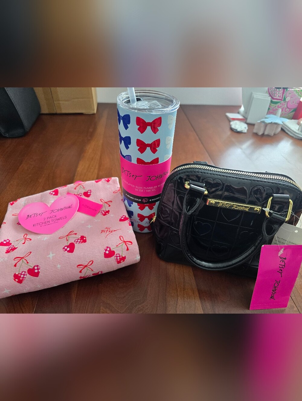 Betsey Johnson Pink Kitchen Towel, Blue & Red Bow Tumbler, Black Heart Bag Set